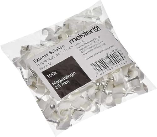 Meister Express-Schelle 7 - 11 mm - weiß - 100 Stück im praktischen Set - Zur Fixierung von Kabeln & Leitungen - Inkl. vormontiertem Nagel / Haftclips / Kabelschellen / Nagelschellen / 7454160