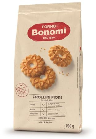 Forno Bonomi Frollini Fiori. Biscotti ottimi sia per la tua colazione che come snack. Da gustate da soli o inzuppati in latte, té o caffè. Confezione da 750 g