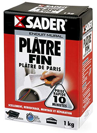 Sader - Plâtre Fin de Paris - Scellement, Rebouchage, Montage et Réparation - Tous Supports - Intérieur - Prise Rapide 10 Minutes - 1 Boîte Carton 1 kg, Blanc