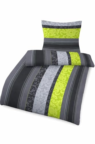 Biancheria da letto in flanella, 135 x 200 cm e 80 x 80 cm - Made in Germany - antracite/verde, fantasia floreale