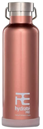 Rehydrate Pro (RoseGold 25oz Double-Insulated Stainless Steel Water Vacuum Bottle Flask -Compatible to Swell Yeti Hydro & Klean Kanteen for Hot or Cold Drinks. 25 Oz + Bonus 'Flip N Sip' Sports Cap