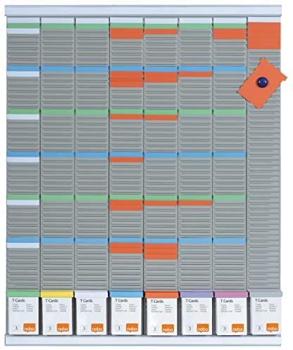 Nobo Kit Planificador Semanal de Pared para Tarjetas T, 8 Columnas y 54 Ranuras Tamaño 3, Incluye Tarjetas T, Columna de Índice, Etiquetas Impresas y Portaetiquetas, 2910800