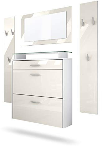 Vladon Garderobe Malea, Garderobenset bestehend aus 1 Hängeschuhschrank, 1 Wandspiegel und 2 Garderobenpaneele, Weiß matt/Creme Hochglanz