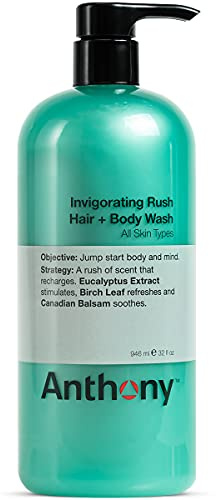 Anthony Invigorating Rush Hair and Body Wash, 32 Fl Oz, Contains Eucalyptus Extract, Canadian Balsam, Birch Leaf, 2-In-1 Formula For Hair and Body, That Cleanses, Refreshes, Hydrates and Soothes