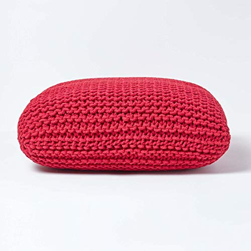 HOMESCAPES Pouf poggiapiedi Quadrato Lavorato a Maglia, Imbottito, 100% Cotone, per Soggiorno, Bambini o Anziani