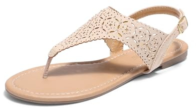 DREAM PAIRS Women's Rhinestone Casual Wear Cute Gladiator Flat Sandals Beach Dressy T-Strap Thong Sandals,Size 9,Nude,MEDINIE