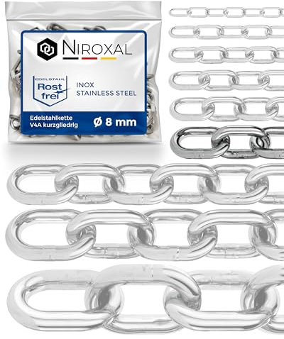 100-cm = 1-mètre 8-mm d'épaisseur de chaîne en acier inoxydable à maillons courts V4A lien court de NietFullThings en un seul morceau chaîne d'ancrage DIN 5685 DIN 766 1-m