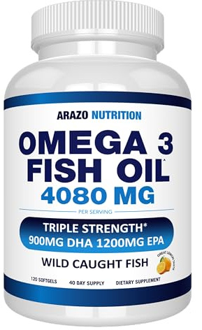 Arazo Nutrition Wild Caught Omega-3 Fish Oil Concentrate – 4,080mg per Serving – High EPA 1200mg & DHA 900mg – 120 Burpless Lemon Softgels