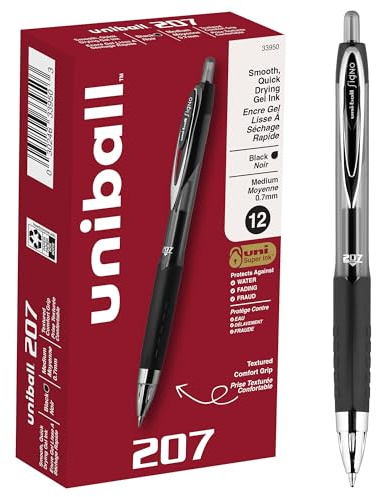 uni-ball 207 Retractable Gel Pens Medium Point, 0.7mm, Black, 12 Pack