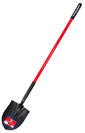 Bully Tools Round Point Heavy Duty Shovel - 14-Gauge Fiberglass Long Handle, Strong Metal Construction, Ideal for Gardening, Digging and Landscaping, Square and Flat Head Design - 100% Made in the USA