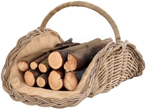 Panier à bois Woody en rotin Kubu naturel (Kubu gris), panier à bûches de cheminée naturel recouvert de jute