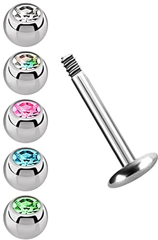 Stahl Piercing Set, EIN Labret mit 4 mm Platte in 1,2 x 6 mm + 5 farbigen Kugeln in 3 mm