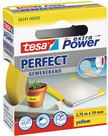 tesa extra Power Perfect Cloth Tape - Fabric-Reinforced Repairing Tape for Crafting, Repairing, Fastening, Reinforcing and Labelling - Yellow - 2.75 m x 19 mm