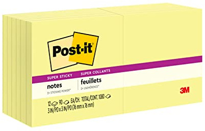 Post-it Super Sticky Notes Kanariengelb, Packung mit 12 Blöcken, 90 Blatt pro Block, 76 mm x 76 mm, Farbe: Gelb - Extra-stark klebende Notizzettel für Notizen, To-Do-Listen und Erinnerungen