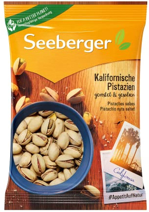 Seeberger Pistazien geröstet & gesalzen, Knackige Pistazienkerne aus Kalifornien feinstens veredelt - intensiv-nussiges Aroma - mit Schale, vegan (1 x 150 g)