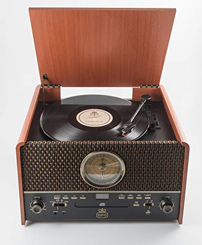 GPO Chesterton - 4 en 1 -Tourne-disque, lecteur CD, USB, radio FM, lecteur de cassettes, AUX IN, haut-parleurs intégrés