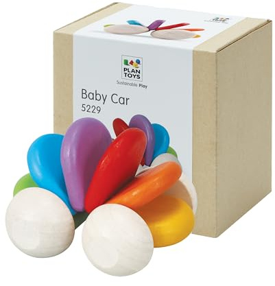 PlanToys® Wooden Baby Push Toy Car | Colorful Montessori Toy for Infants | Wooden Baby Toy with Flexible Body | Sensory & Motor Skill Development Toy for 6+ Months