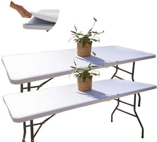 Glop - Lot de 2 Nappes Table Pliante 180 cm Blanches | Housses de Plateau Ajustées (183x76), Tissu Spandex Déperlant pour Mariage, Baptême & Réception