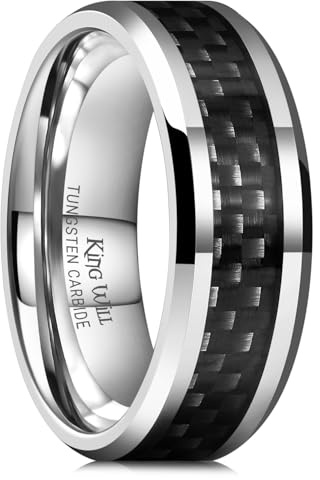 King Will 8mm Silver Tungsten Carbide Rings for Men Men's Wedding Band with Black Carbon Fiber Inlaid Beveled Edge High Polished Finish Gentleman Comfit Fit, Size 10