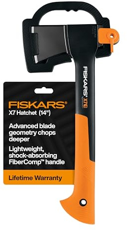 Fiskars X7 Small 14 Hatchet Axe with Sheath for Chopping Wood Kindling for Campfires, Outdoors & Camping, Insert-Molded Forged Steel Head, Low-Friction Blade, Shock Absorbing Handle & Non-Slip Grip