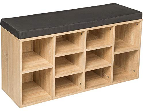 tectake® Schuhschrank mit Sitzbank, Schuhregal, Sitzbank mit Stauraum für 10 Paar Schuhe, Garderobe, Garderobenschrank, Schuhbank mit Sitzfläche, Sitzkissen Bank, Kommode Flur - dunkelgrau/Eiche hell