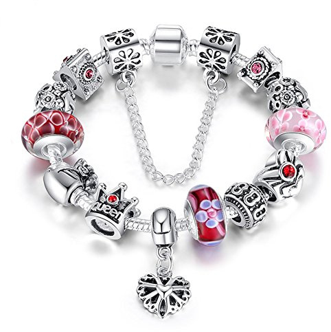 A TE® Bracciale Charms Fiore Vetro beads queen Catena Sicurezza Regalo Donna #JW-B110 (Rosa)