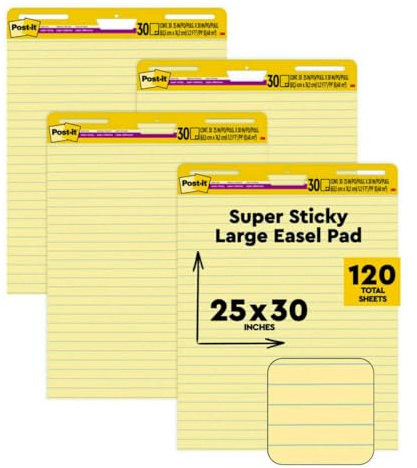 Post-it Super Sticky Easel Pad, 25 in x 30 in Sheets, Yellow Paper with Lines, 30 Sheets/Pad, 4 Pads/Pack, Great for Virtual Teachers and Students (561 VAD 4PK)