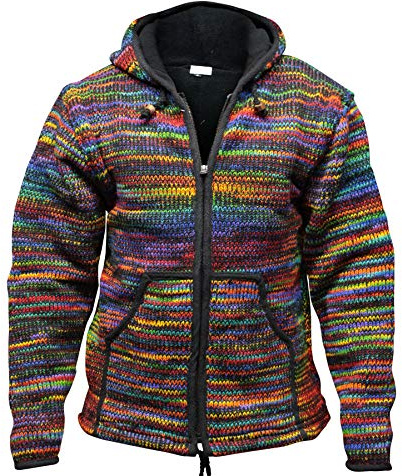 SHOPOHOLIC FASHION Tie Dye Hooded Wool Jacket, Fleece Lined Long Sleeve Full Zip Hoodie Hippie Sweater for Men, Black, XL
