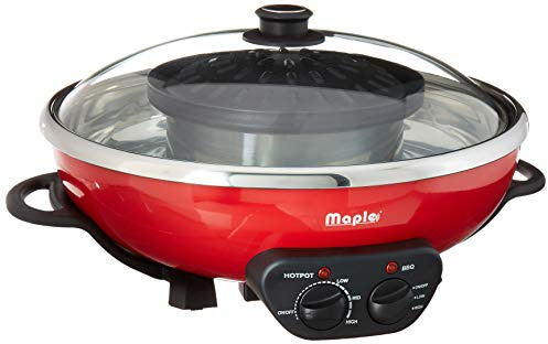Maple Enjoy Suki Electric Hot Pot Shabu with Korean BBQ Grill - 2 in 1 - Separate Temperature Control - Enjoy Thai Korean Chinese Vietnamese Hot Pot and non stick grill