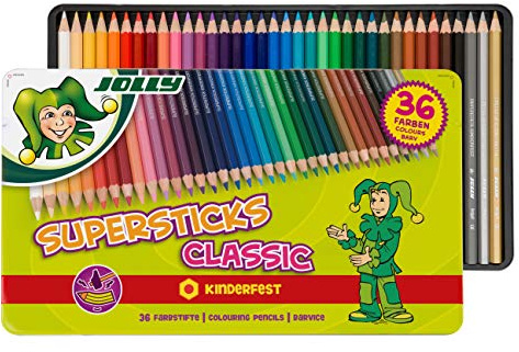 JOLLY Superstick Kinderfest Buntstifte – 24er Set in 3D-Metalletui, hexagonale Buntstiftform, 3,8 mm dicke Mine, Schulbedarf und Zubehör, Mal Sachen für Kinder