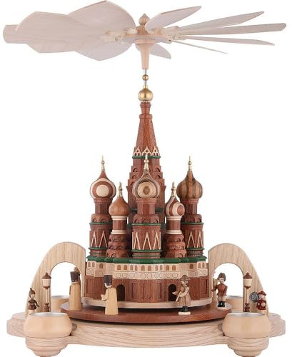 Pirámide de navidad arco piramidal Catedral de San Basilio, la Plaza Roja, Moscú con figuras históricas, 1 piso, 40 cm. de alto, natural, original de los Montes Metálicos (Erzgebirge) hecho por la empresa Müller del pueblo de Seiffen
