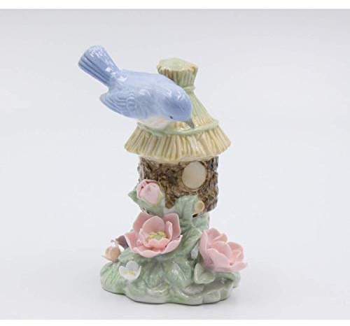 Cosmos Gifts 96302 Fine Elegant Porcelain Blue Bird on Birdhouse with Pink Wild Rose Figurine, 5 H