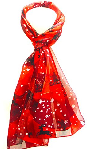 Beautiful New Christmas festive Satin Stripe Reindeer Snow Flake scarves Wrap Stole Neck Tie Shawl Scarf (Red)