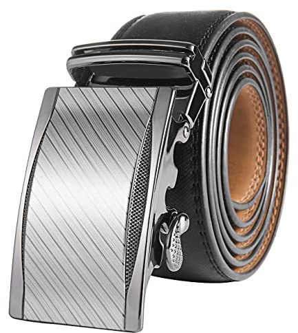 Marino Avenue Men’s Genuine Leather Ratchet Dress Belt With Automatic Buckle, Enclosed in an Elegant Gift Box - Select Striped - Deep Charcoal - Adjustable from 28 to 44 Waist
