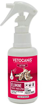 VETOCANIS Spray Antiparasitaire pour Chat. Elimine Puces et Tiques en une application. Efficacité jusqu'à 6 Semaines contre les Puces et 4 Semaines contre les Tiques
