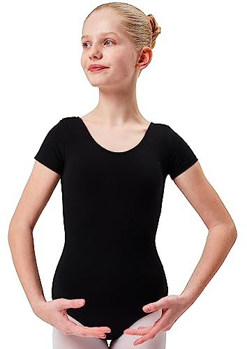 tanzmuster Ballettanzug Mädchen Kurzarm - Sally - aus weichem Baumwollstoff - Ballett Trikot Ballettbody in schwarz, Größe 128/134