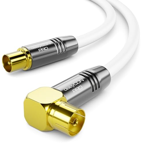 deleyCON 2m 4K TV Antennkabel - 4K Ultra-HD Full HD HDTV - 1x Vinklad - Koaxialkabel - IEC-Kontakt (rak) till IEC-Uttag (90° Grad) - Metallkontakter - Vit | 4K Ultra HD Full HD HDTV, 1x vinklad, IEC-kontakt rak till IEC-uttag 90°, metallkontakt