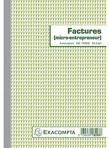 Exacompta - Réf. 13293AE - 1 Manifold FACTURES micro-entrepreneur - 50 feuillets numérotés et autocopiants - duplicatas (1 original + 1 copie) - format 210 x 148 mm - fabriqué en France