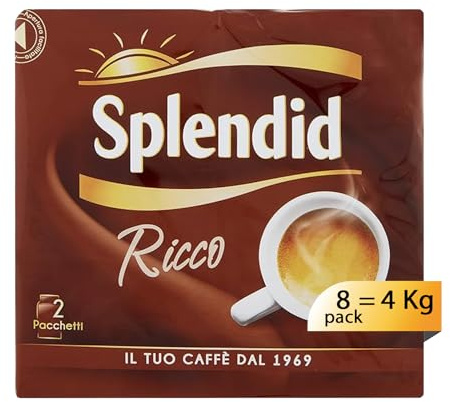 Splendid - Caffè Macinato Gusto Ricco - Miscela Caffè per Moka - 8 confezioni Bipack da 250 gr (Totale 4 Kg)