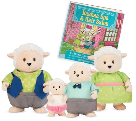 Li'l Woodzeez – The Snipadoodles Sheep Family – Set of 4 Collectible Posable Sheep Figures with Storybook – Pretend Play Doll Figures – 3+ Years