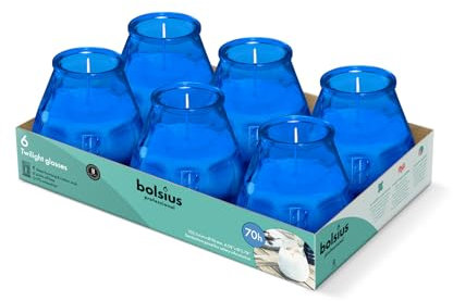 Bolsius Candele per Esterni - 6 Pezzi - In Vetro - Blu - Durata di Combustione 70 Ore - Senza Olio di Palma - Combustione Pulita - Stoppino di Cotone - Non Profumate