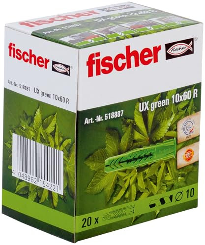 fischer Universaldübel UX Green 10 x 60 R, je 20 nachhaltige Dübel, Allzweckdübel aus nachwachsenden Rohstoffen, mit Rand für optimalen Halt in Beton, Gipskarton, Kalksand-Lochstein uvm.