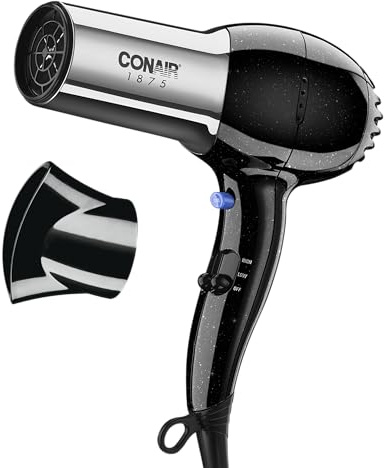 Conair Hair Dryer, 1875W Full-Size Hair Dryer with Ionic Conditioning, Blow Dryer, Tourmaline Ceramic Technology for Quick Drying, Black/Chrome