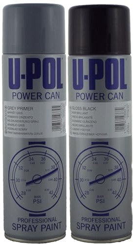 U-POL GLOSS BLACK - High gloss, durable top coat Paint & GREY PRIMER - High build primer/filler for uneven surfaces Aerosols - UPol Twin Pack 1 of each Can 500ml Aerosols