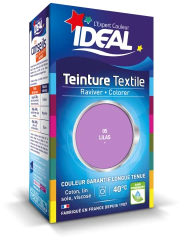 IDEAL - Teinture Tissus Liquide Mini 05 Lilas - 40 ml + 1 Dose de Fixateur 50 g - Teinture Textile Longue Tenue - Coton, Lin, Soie, Viscose - Efficace dès 40°C - Fabrication Française