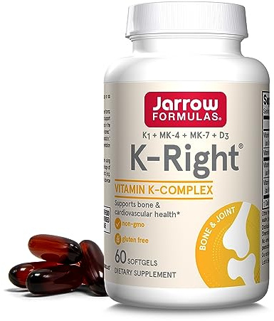 Jarrow Formulas K-Right - Vitamin K-Complex (K1, MK-4, MK-7, D3) - 60 Servings (Softgels) - Dietary Supplement for Bone & Cardiovascular Health Support - Vitamin K2 MK-7 - Gluten Free