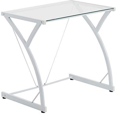 Harbour Housewares Glass Top Computer Desk - White Metal Frame Modern PC Workstation Glass Table Notebook Laptop Office Desk for Home Study, Office