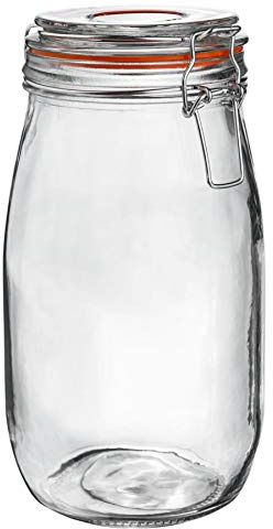 Argon Tableware Glass Jas with Airtight Metal Clip Lid - 1500ml/50.7oz - 1 Pack - 4 Colour Seals - Large Kitchen Storage Container Round Preserving Jar for Pickling, Chutney, Jam, Coffee
