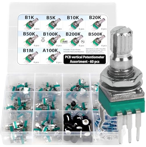 60 pcs Small 9mm onboard PCB Potentiometer Assortment 10 Values, B1K, B5K, B10K, B20K, B50K, B100K, B200K, B500K, B1M and A100K, Vertical Legs Terminal, 15mm axis, RV097 RK097 SMD