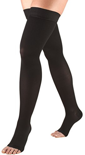 Truform 20-30 mmHg Compression Stockings for Men and Women, Thigh High Length, Dot-Top, Open Toe, Black, Large